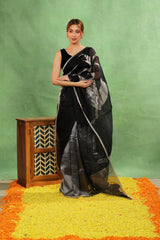 Black Half n Half Organza Silk Saree with Applique Work
