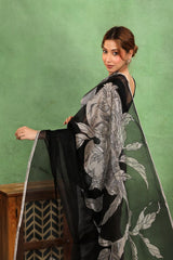 Black Half n Half Organza Silk Saree with Applique Work
