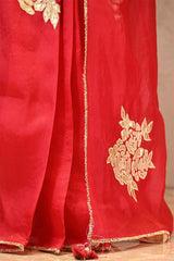 Red Organza Silk Saree with Gota Patti Floral Work
