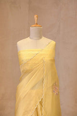 Butter Yellow Organza Silk Saree with Floral Applique and Bead Work