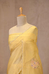 Butter Yellow Organza Silk Saree with Floral Applique and Bead Work