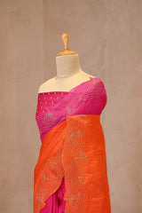 Orange Pink Shaded Organza Silk Saree with Aari & Pichwai Work