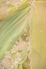 Pastel Yellow Green Organza Saree with Floral Applique