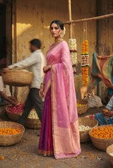 Baby Pink and Magenta shaded Banarasi organza silk saree with gold zari buti and lace border