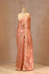 Rust peach organza silk saree with gold silver zari leheriya and buti work