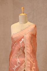 Rust Peach Kora Organza Silk Saree with Gold & Silver Zari Leheriya