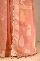 Rust Peach Kora Organza Silk Saree with Gold & Silver Zari Leheriya