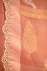 Rust Peach Kora Organza Silk Saree with Gold & Silver Zari Leheriya