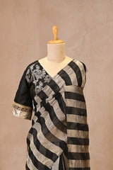 Black Organza Silk Saree with Silver Zari Stripes & Tassel Pallu