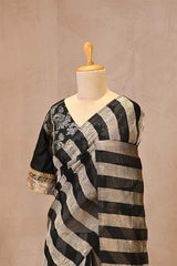 Black Organza Silk Saree with Silver Zari Stripes & Tassel Pallu