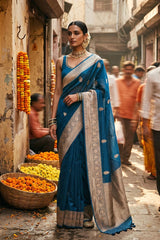 French Blue Banarasi Organza Silk Saree With Gold Zari Butas