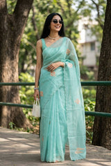 Sky Blue Organza Silk Saree With Aplique And Handwork