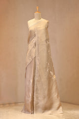 Grey Organza Silk Saree with Floral Applique Work