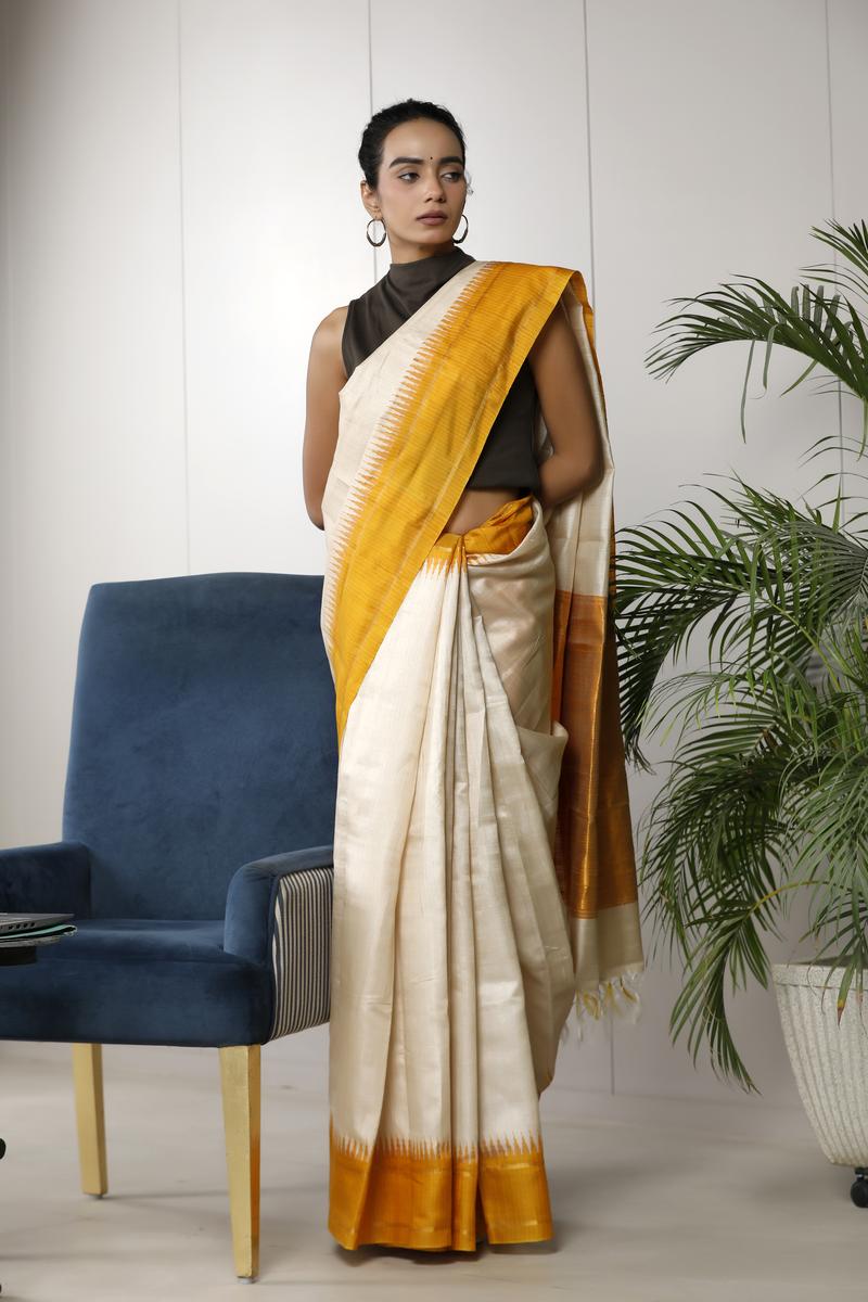 Almond White Tussar Silk Saree – Office Wear - Main Image