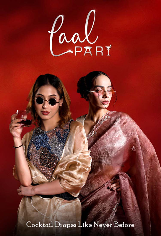 Two women in elegant dresses against a red background with 'Party Wear Saree' branding.