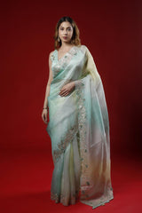 A woman wearing an aqua green shaded color party wear saree with an intricate designer border on a red background