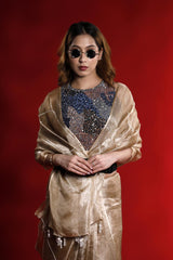 A woman wearing a golden party wear saree dress for a cocktail party looks against a red background