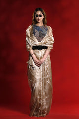 A woman wearing a golden party wear saree dress for a cocktail party looks against a red background