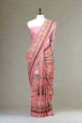 Pink color Pure Linen Saree with Pichwai Prints online - Chinaya Banaras