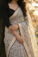 Black & White Abstract Printed Dupion Silk Saree