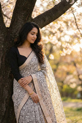 Black & White Abstract Printed Dupion Silk Saree