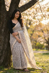 Black & White Abstract Printed Dupion Silk Saree