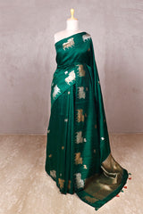 green saree, raw silk saree, wedding saree, bridal saree, party wear saree, bottle green banarasi saree