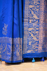 Blue Banarasi Raw Silk Saree with Birds And Animal Designs