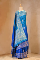 Blue Banarasi Raw Silk Saree with Birds And Animal Designs