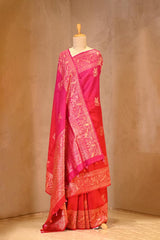 Red Banarasi Raw Silk Saree with Birds And Animal Designs