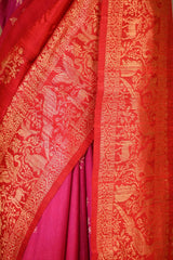 Red Banarasi Raw Silk Saree with Birds And Animal Designs