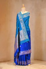 Blue Banarasi Raw Silk Saree with Pichwai Cow Designs