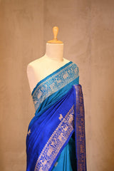 Blue Banarasi Raw Silk Saree with Pichwai Cow Designs