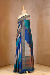 Blue Banarasi Rangkat Raw Silk Saree with Floral Leheriya Design