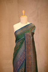 Green Banarasi Rangkat Raw Silk Saree with Floral Leheriya Design