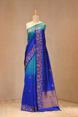 Blue Raw Silk Saree with Antique Zari Deer Motifs