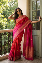 Red Raw Silk Saree with Antique Zari Aghanya Motifs
