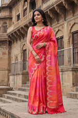 Pink Shaded Banarasi Gajji Silk Saree with Gold Zari Scalloped Border