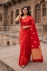 Red Banarasi Silk Saree with Zari Floral Motifs