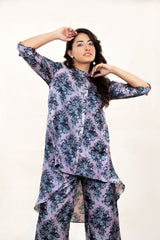 Lavender Grey Floral Printed Tussar Co-Ord Kurta Set - Chinaya Banaras