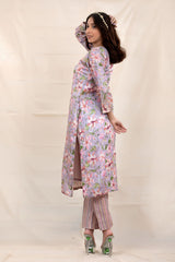 Lavender Floral Printed Embellished Tussar Silk Kurta Set - Chinaya Banaras
