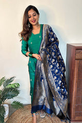 Peacock Green Handwoven Raw Silk Suit Set for Festivals/Wedding Wear