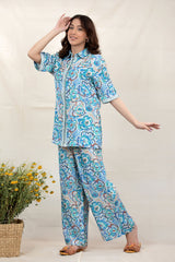 Aqua Floral Splash Modal Co-Ord Set - Chinaya Banaras