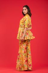 This is a yellow Co Ord set with floral prints for women