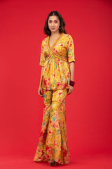 This is a yellow Co Ord set with floral prints for women