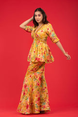 This is a yellow Co Ord set with floral prints for women