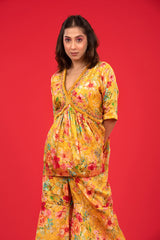 This is a yellow Co Ord set with floral prints for women