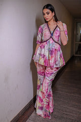 Multicolor Digital Printed Embellished Tussar Silk Co Ord Set for Festivals/Wedding Wear