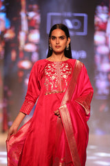 Magenta Pink Ethnic Handwoven Satin Silk Asymmetric Kurta Set - Chinaya Banaras