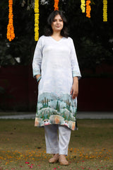 Powder Blue Ethnic Printed Cotton Kurta Set for Wedding Wear